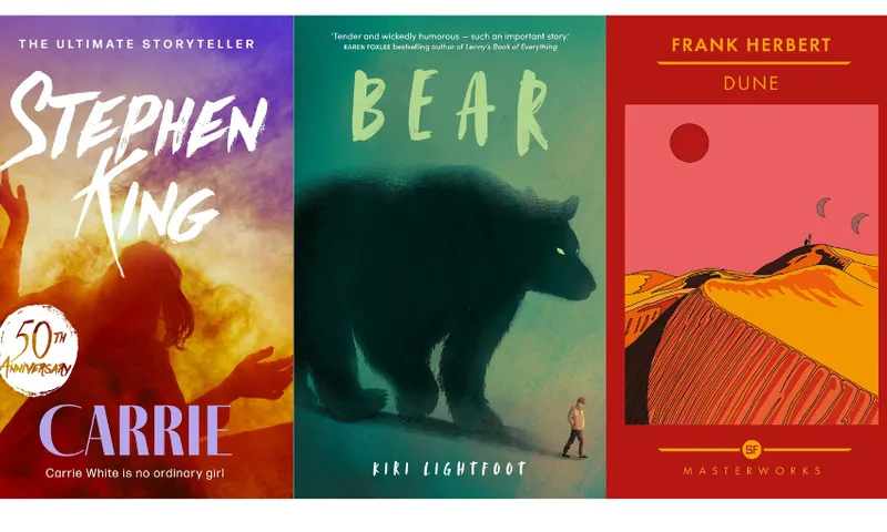 Three book covers: Dune by Frank Herbert, Bear by Kiri Lightfoot, and Carrie by Stephen King.