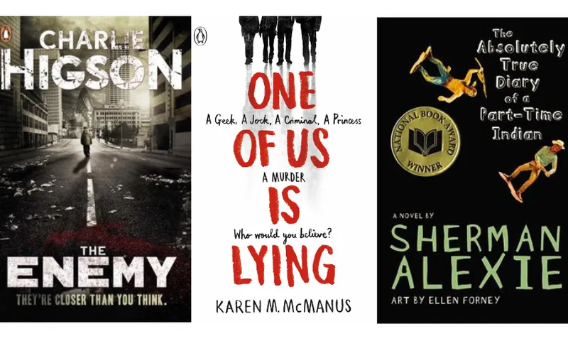 Three book covers: The Enemy by Charlie Higson, One of us is lying by Karen. M. McManus, and The Absolutely True Story of a Part-Time Indian by Sherman Alexie.