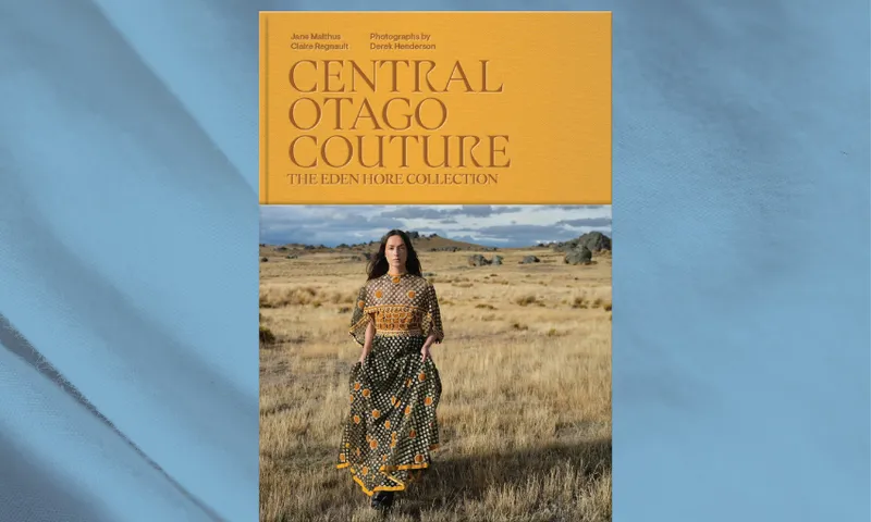 The cover of Central Otago Couture which features a model wearing a couture dress in the Otago high country.