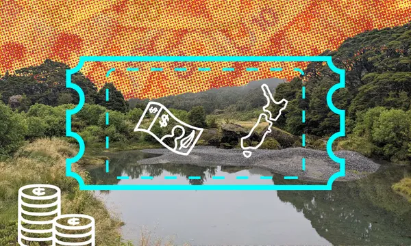 a tectured background of NZ notes, with an outline of a ticket in the centre and an NZ icon on top of that ticket. There's a photo of a pretty lake and some hilssi n the foreground (at the base of gertrude valley if you're interested) the kind of generic pretty nature there is heaps of in New Zealand, often protected as conservation land