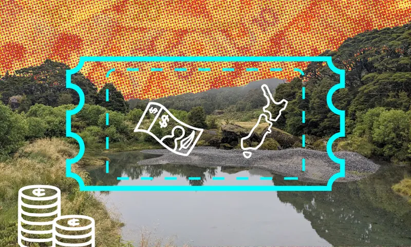 a tectured background of NZ notes, with an outline of a ticket in the centre and an NZ icon on top of that ticket. There's a photo of a pretty lake and some hilssi n the foreground (at the base of gertrude valley if you're interested) the kind of generic pretty nature there is heaps of in New Zealand, often protected as conservation land