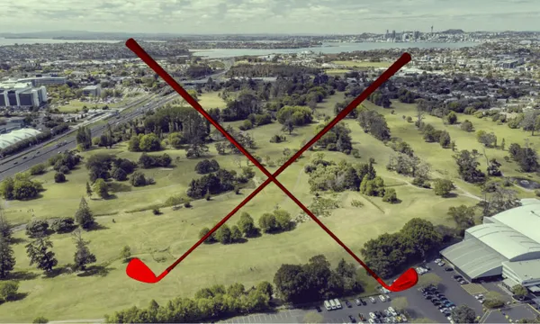 Aerial view of a golf course with two large red golf clubs crossed over the image. The landscape includes green fairways, trees, and city buildings in the distance under a partly cloudy sky.