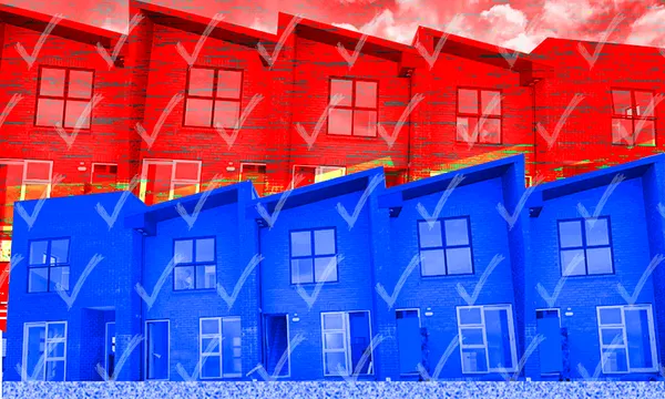 Image showing two rows of houses: the top row is red with a red sky, and the bottom row is blue. White check marks overlay the entire image, creating a red and blue contrast with a mix of abstract and realistic elements.