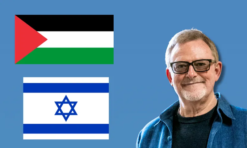 Stephen Rainbow smiling and wearing sunglasses next to the flags of Palestine and Israel