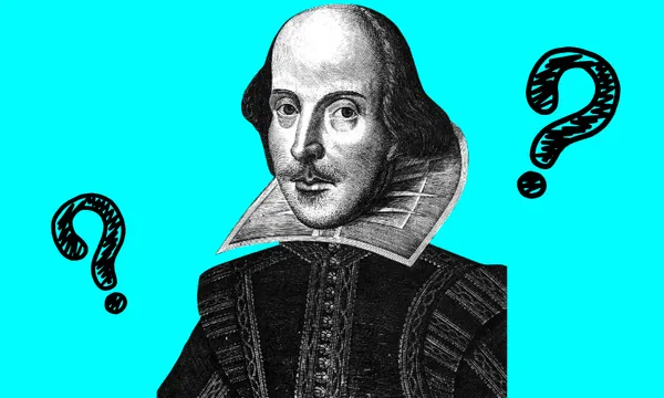 A black and white drawing of Shakespeare with two drawn question marks on either side.