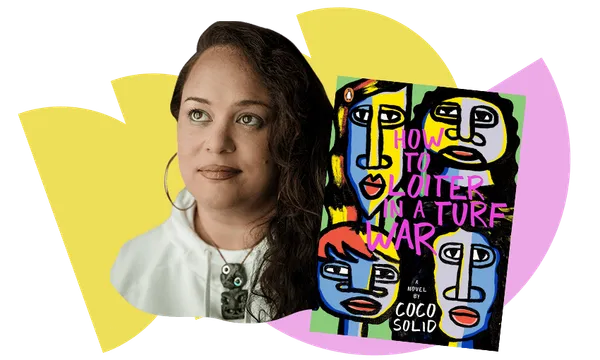 Head and shoulders portrait photo of young Pasifika woman wearing hoop earrings and a tiki, staring off-camera. Picture of her book cover, vibrant in bright colours and black.