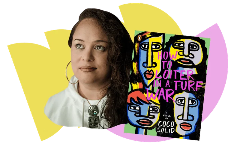Head and shoulders portrait photo of young Pasifika woman wearing hoop earrings and a tiki, staring off-camera. Picture of her book cover, vibrant in bright colours and black.