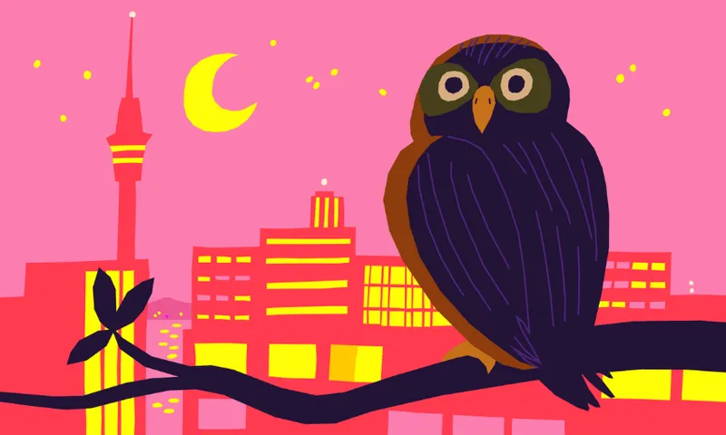 Stylized illustration of an owl perched on a branch against a vibrant city skyline. The buildings, including a tower, are in shades of pink, orange, and yellow. A crescent moon and stars dot the pink sky. The owl has bold, wide eyes.