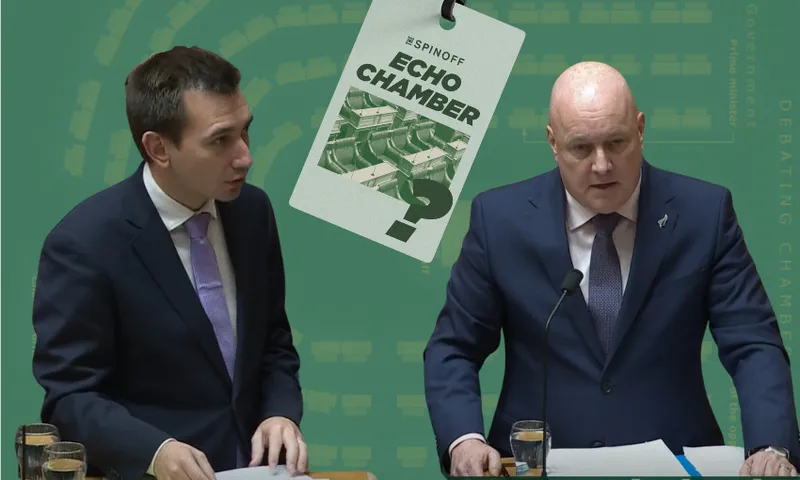 Two men in suits are speaking at podiums against a green background with a pattern of rectangles. A graphic labeled "The Spinoff Echo Chamber?" hangs in the center, depicting a seating chart.