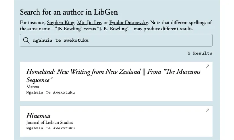 A screenshot of The Atlantic's LibGen machine showing that books by Ngāhuia te Awekotuku have been scraped to train Meta's AI.