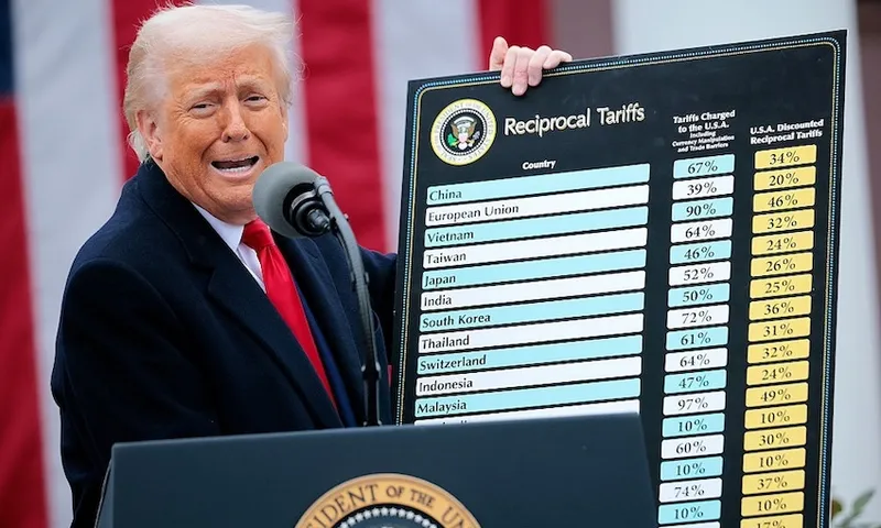 A man holding a chart labeled "Reciprocal Tariffs" stands at a podium with a microphone. The chart lists countries and their tariff percentages. An American flag is in the background.
