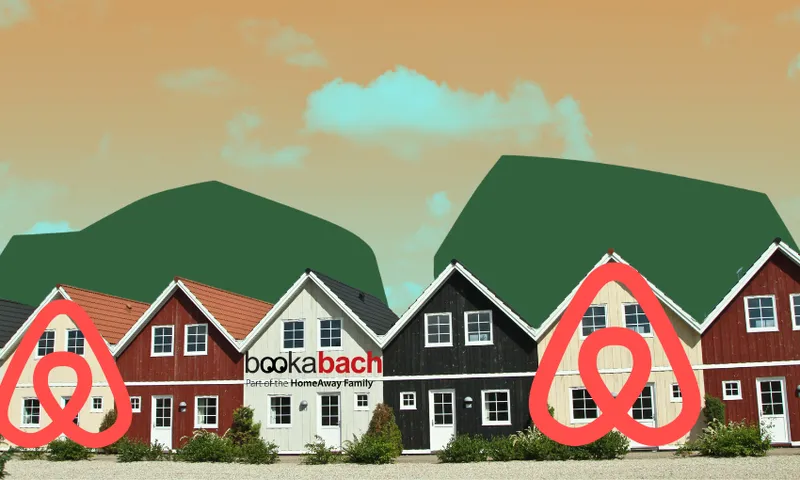 a sepi a sky, a row of houses with airbnb and book a bach logos on them