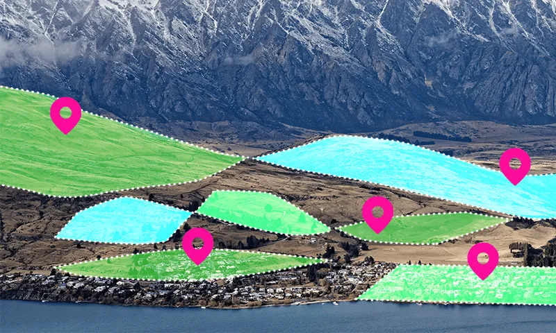 a map of queenstown overlaid with different patches of land.