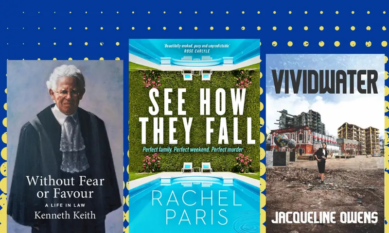 Three book covers on a dark blue background.