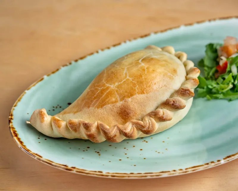 photo of a golden-brown empanada on a green plate.