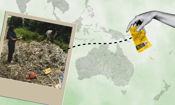 A collage shows a photo of people inspecting a plastic pile outdoors, next to an illustrated hand holding a yellow object with batteries. A dotted line connects the photo and hand, set against a green-toned world map background.