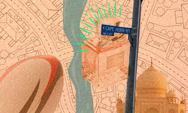 orance tarmac texture with a rugby ball, perfume and a river and a street sign shining in front of them all