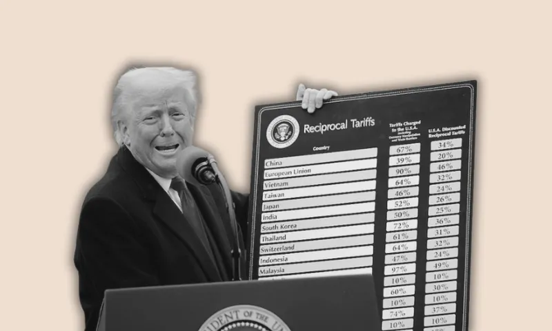 donald trump and his tarrifs black and white on a beige background
