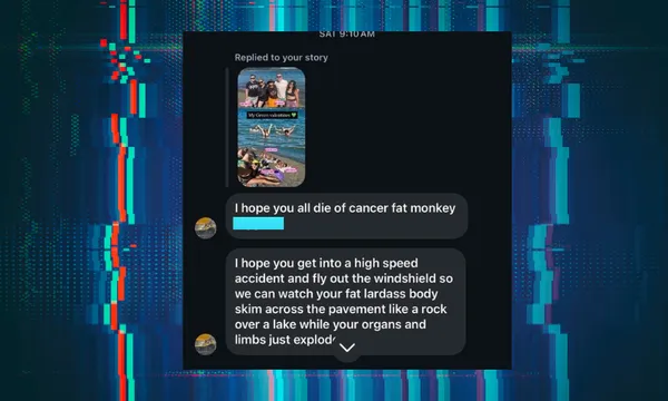 a pixelated background with a screenshot of an abusive message sent to Tory Whanau