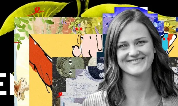 Illustrator and author Kimberly Andrews' photo with a collage of book covers behind her photo.