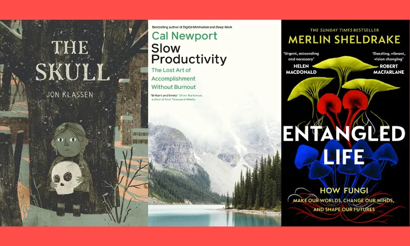 Three book covers with a red background behind them.