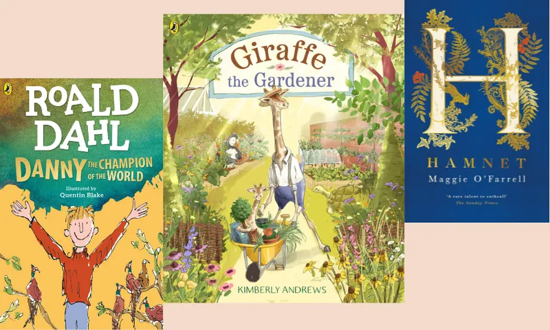 Three book covers with peach colour behind them.
