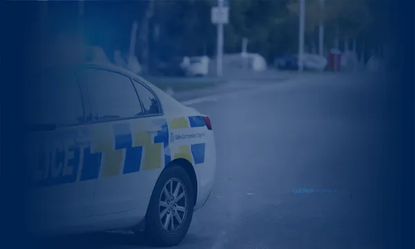 A police car with blue and yellow checkered patterns is parked on the side of an empty street. The background is blurred, showing trees and street signs. The image has a blue overlay.