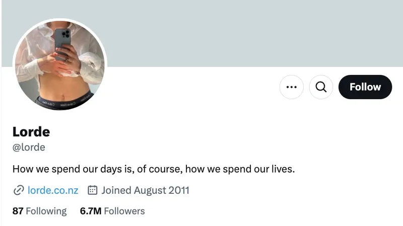 A screenshot of Lorde's X page with the tagline "how we spend our days is, of course, how we spend our lives"