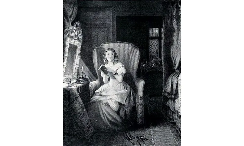 A black and white etching of Catherine Morland from Northanger Abbey by Jane Austen.