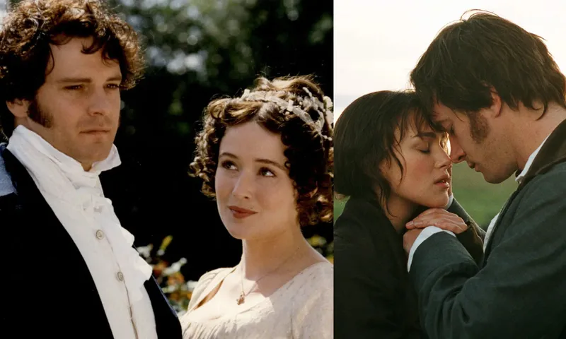 two portraits of couples, both Mr Darcy and Elizabeth Bennet in film adaptations of Pride and Prejudice