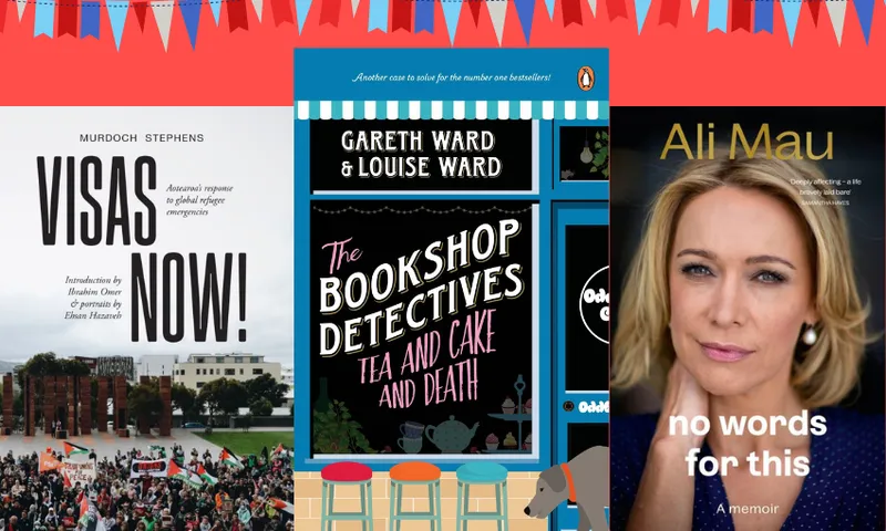 Three book covers with bunting above them.