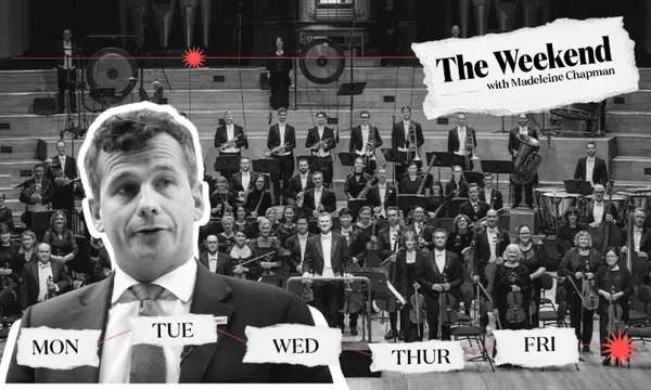 A black and white collage showing david seymour prominently with a background shot of the Auckland Philharmonia and the title card for The Weekend with Madeleine Chapman