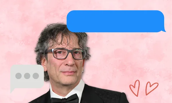 Author neil gaiman wearing a suit and glasses laid over a pink background and text message bubbles to indicate an ongoing conversation