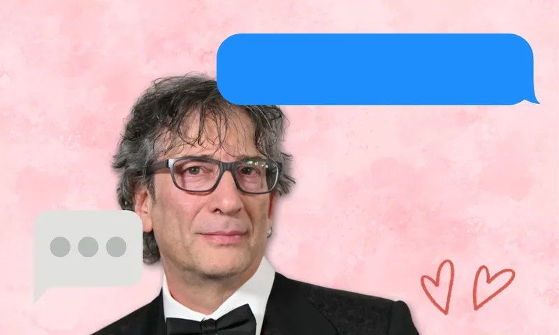 Author neil gaiman wearing a suit and glasses laid over a pink background and text message bubbles to indicate an ongoing conversation