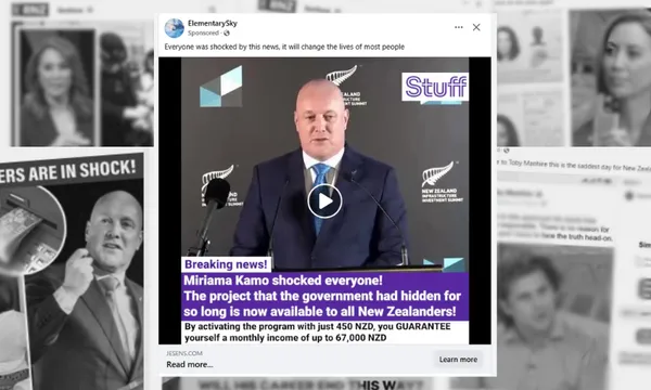 An edited image resembling a news announcement with Christopher Luxon at a podium, overlaid with fake text about a financial program in New Zealand. Various unrelated newspaper clippings are visible in the background.