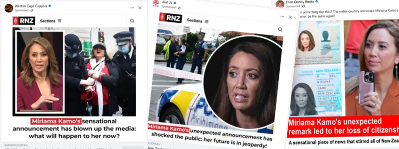 Composite image showing various headlines featuring Miriama Kamo. Headlines reference sensational announcements, shocks to the public, and loss of citizenship. Images include police presence and media coverage.