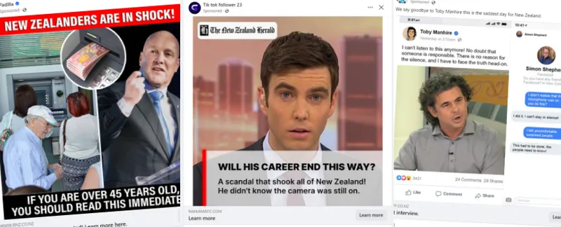 A triptych of online advertisements. The first shows prime minister Chris Luxon and an ATM filled with money, the second features a worried Jack Tame with text about a career scandal, and the third depicts Toby Manhire suggesting something scandalous