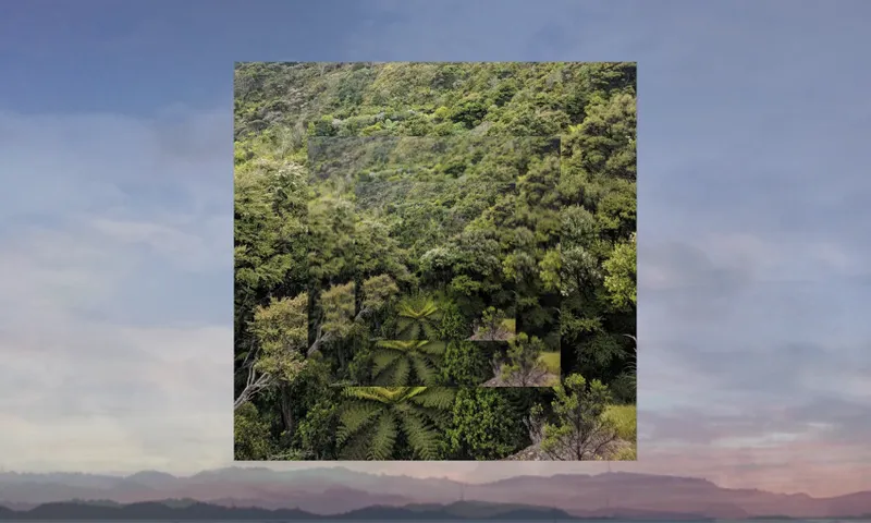 A digital artwork depicting a lush green forest with an overlaid square grid of similar forest images. The background shows a gradient sky with shades of blue and pink, resembling sunrise or sunset.