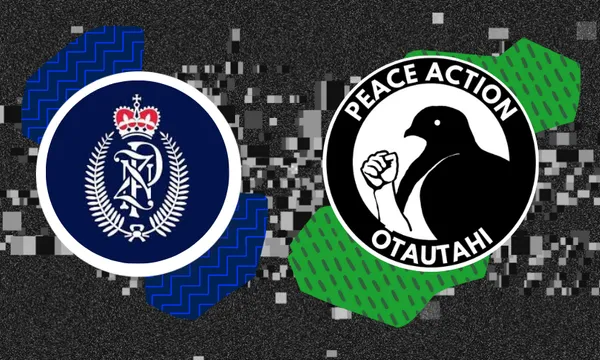 a black pixelated background with the circular logos of the NZ police and Peace action otautahi, a kereru with a fist raised, on green and blue backgrounds