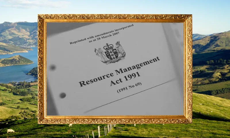 A framed document titled "Resource Management Act 1991" is displayed against a picturesque hilly landscape with a view of the ocean.
