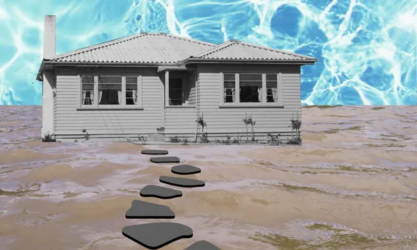 A house with a tiled roof surrounded by water with a stepping-stone path leading to it. The background features a pattern resembling water or waves.
