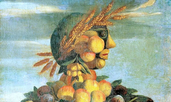 painting in the style of Giuseppe Arcimboldo,a human head made of fruits