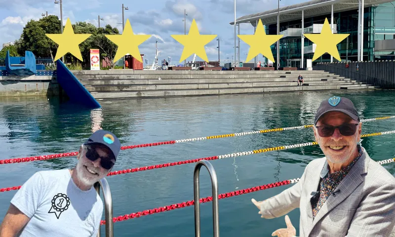 Wayne Brown in a t-shirt and Wayne Brown in a suit, wearing sunglasses and hats, imposed on background of the pool at Karanga Plaza under five large yellow stars.