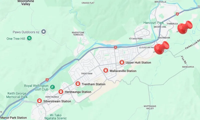 A map of the train stations in Upper Hutt with markers over Clouston Park and Timberlea where Peri Zee hopes new stations could be built.