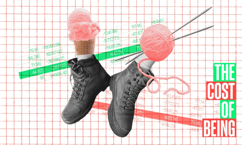 A collage features hiking boots with an ice cream cone in one boot and yarn with knitting needles in the other. The background has financial charts. Text reads "THE COST OF BEING" on the right.