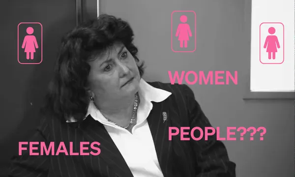 a black and white image of Casey Costello wearing a shirt and blazer, with pink words like "women" "females" and "people???" overlaid