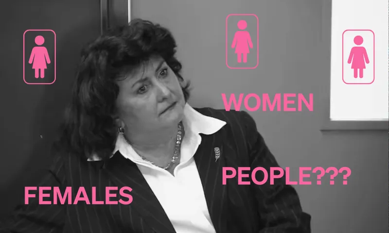 a black and white image of Casey Costello wearing a shirt and blazer, with pink words like "women" "females" and "people???" overlaid