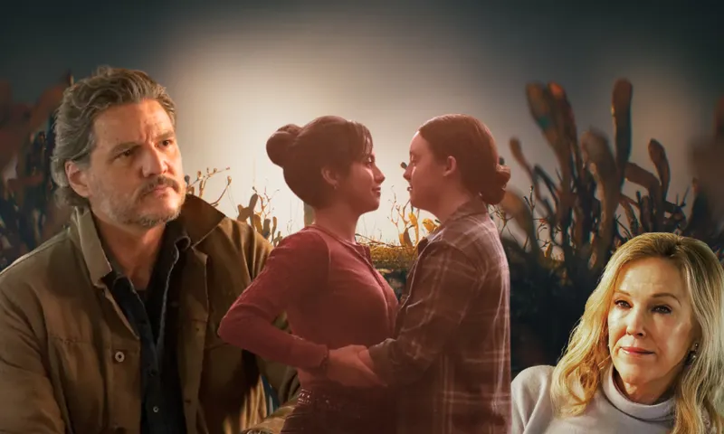 A man (Pedro Pascal as Joel) with a serious expression stands near two women holding each other (Isabela Merced as Dina and Bella Ramsey) as Ellie, set against a backdrop of fungi. A woman (Catherine O'Hara as Gail) looks on thoughtfully.
