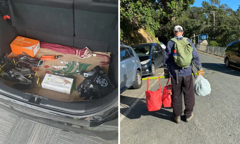 left: car boot with gloves, safety glasses, rubbish bags. Right: photo of a man in long pants and shirt carrying full tote bags and a pole.