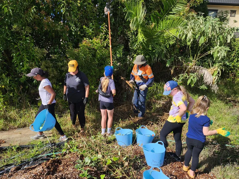 children collecting moth pods into bright blue buckets with one adult helping